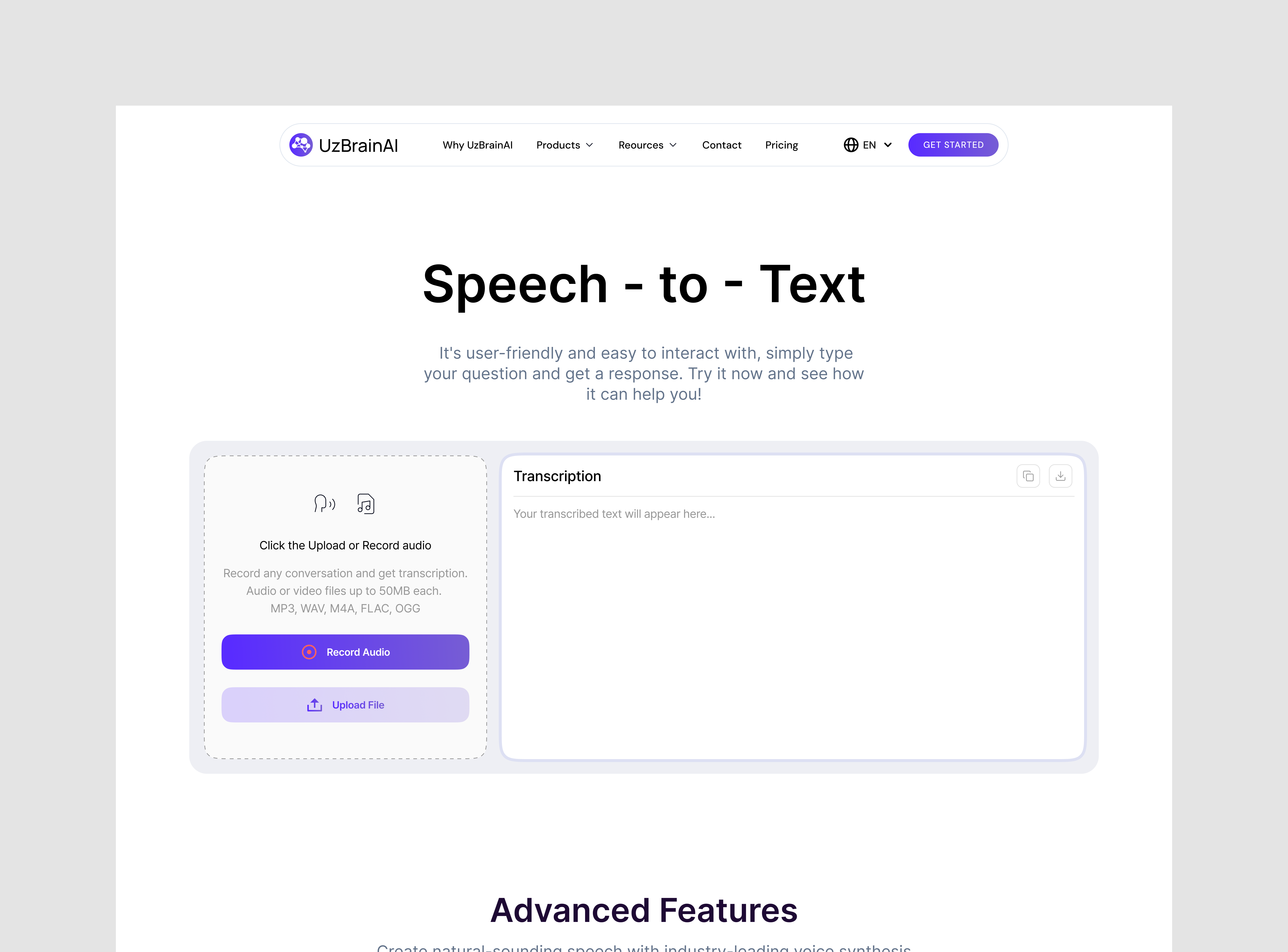 Speech-to-Text Landing page